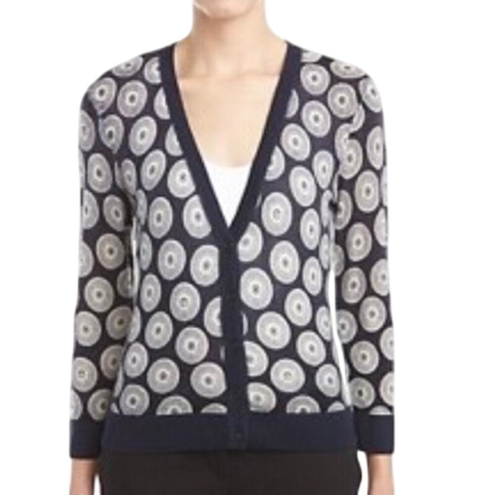 TORY BURCH Lightweight Wool Sweater Cardigan Navy Blue Pattern Preppy - Sz Small
